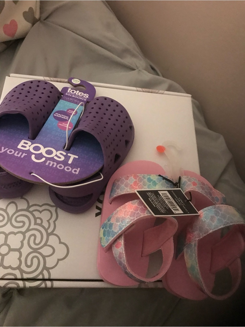 totes Purple Slide Sandals & Pink Mermaid Print Toddler Sandals sz 5/6c nwt
